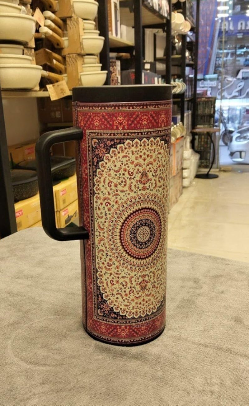 Generic Decorative Insulated Carafe, Double-Wall Coffee and Tea Flask with Persian Carpet Pattern, 1L Capacity, Hot and Cold Beverage Storage. (Black)